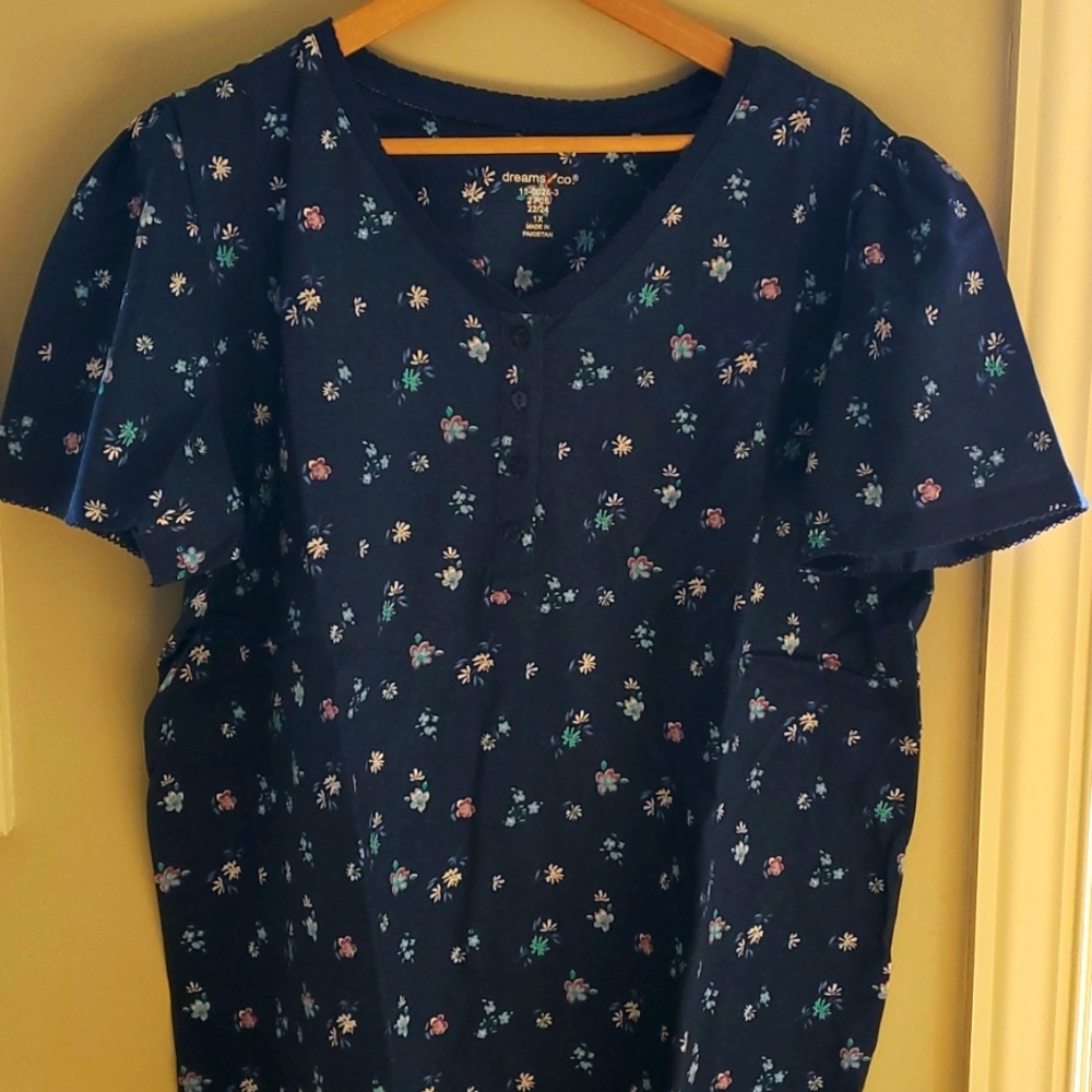 NWOT Dream Co. Sleepwear 2 pcs Short Sleeve Navy Floral print 1X 22/24